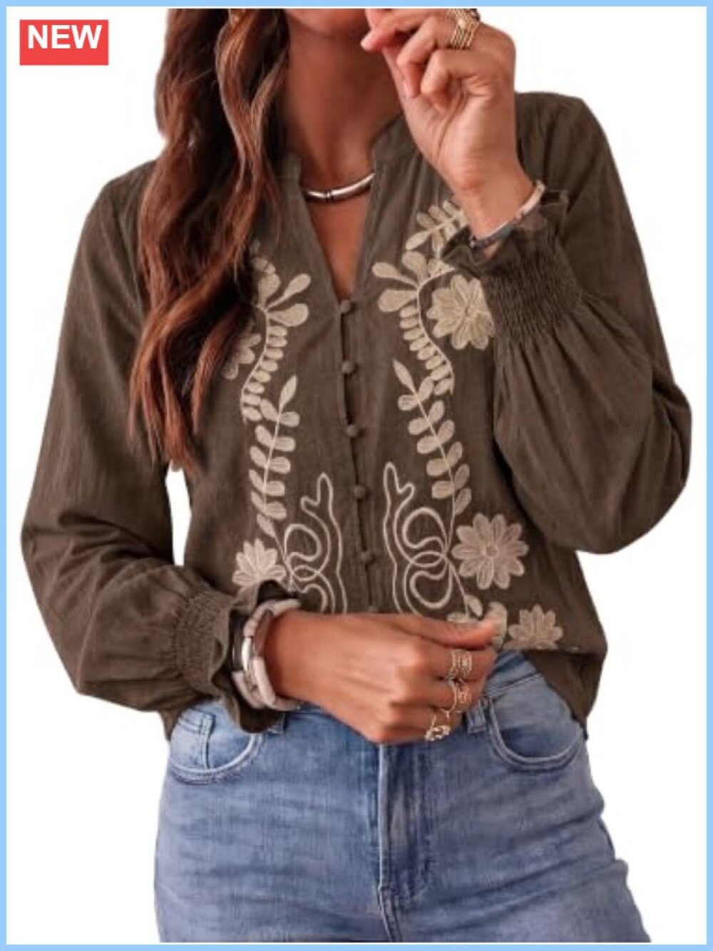 V Neck Embroidered Boho Blouse Button Down Puff Sleeve Top